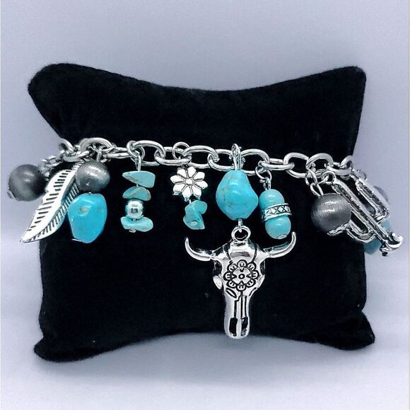 Turquoise Longhorn Western Charm Bracelet Beaded Cowgirl Cactus Feather Bohemian - Picture 3 of 6